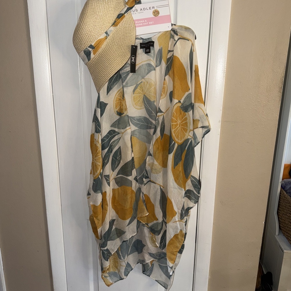 Marcus Adler Ruana & Matching Hat Set Lemons & Leaves One Size Women's Beach Set - Picture 5 of 8